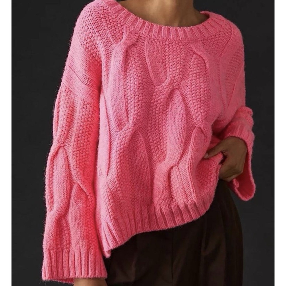 Maeve Anthropologie Size XS Baggy Neon Pink Cable Knit Sweater  Chunky Pullover